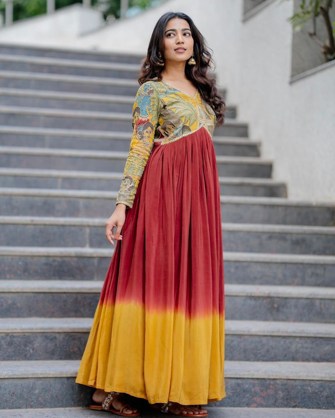Chinon Silk Gown with Kalamkari Printed Cut Handmade