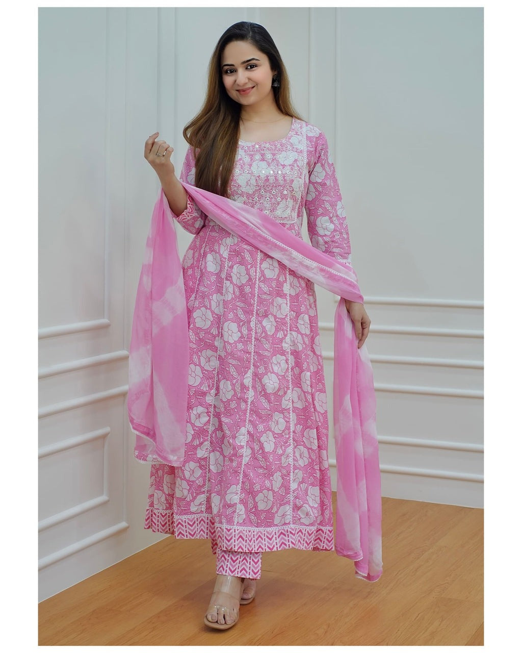 Light Pink Cotton Rayon Anarkali Kurti and pant with Dupatta Set
